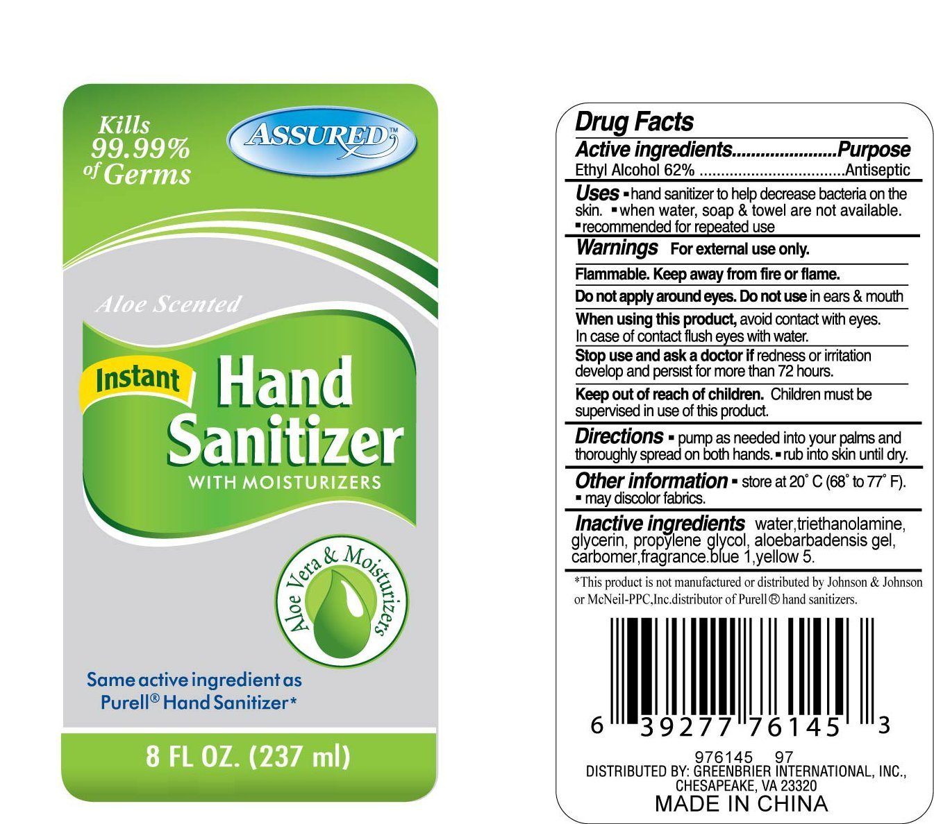 Assured Instant Hand Sanitizer (Greenbrier International, Inc.) ALCOHOL
